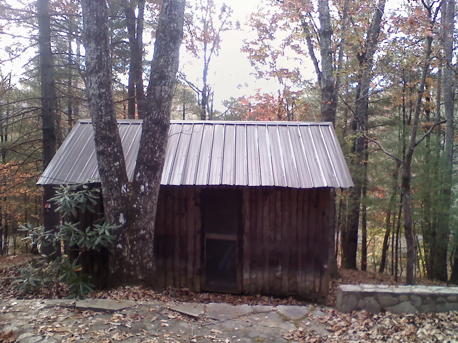 New metal gable roof on a small log shed among the trees in Jordan Valley